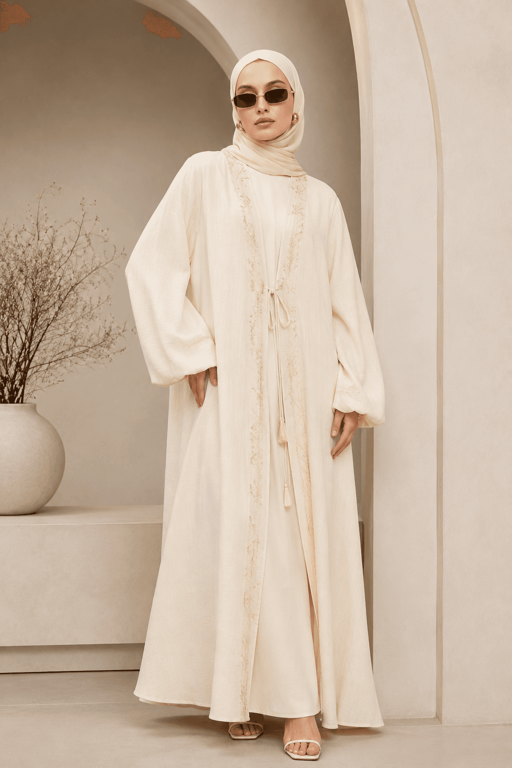 Embroidered Tie-Front Abaya