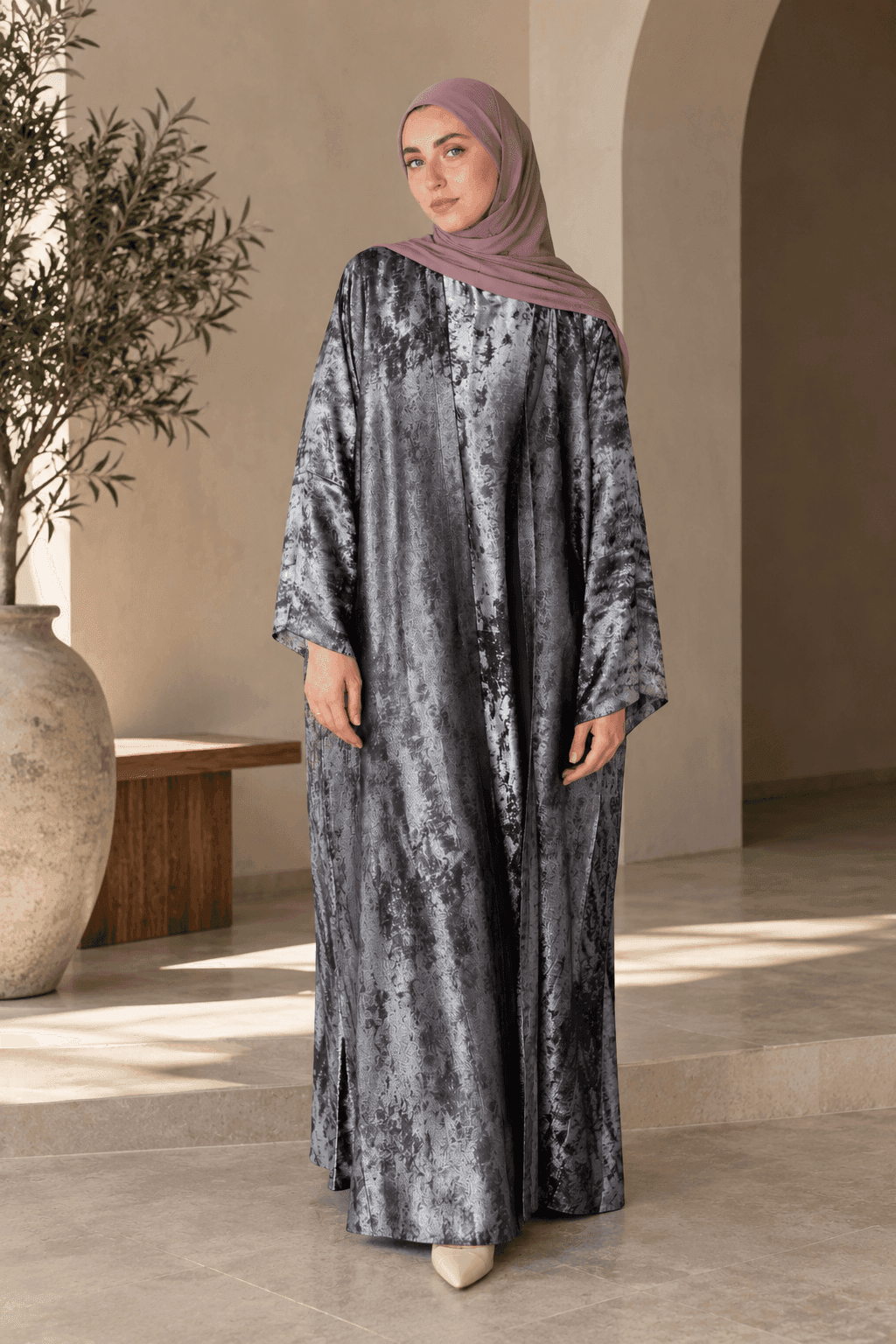 Marble-Print Satin Open Abaya view 1