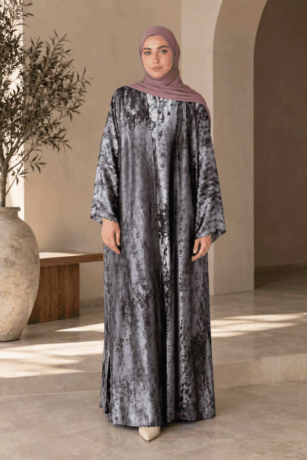 Marble-Print Satin Open Abaya view 2