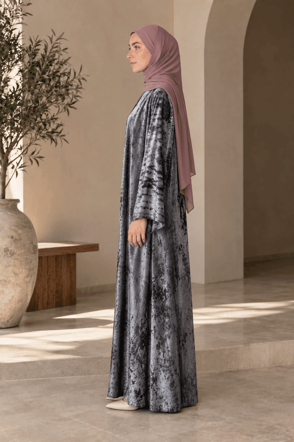 Marble-Print Satin Open Abaya view 3