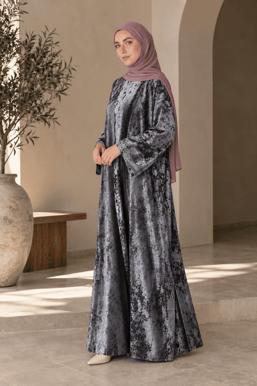 Marble-Print Satin Open Abaya view 5