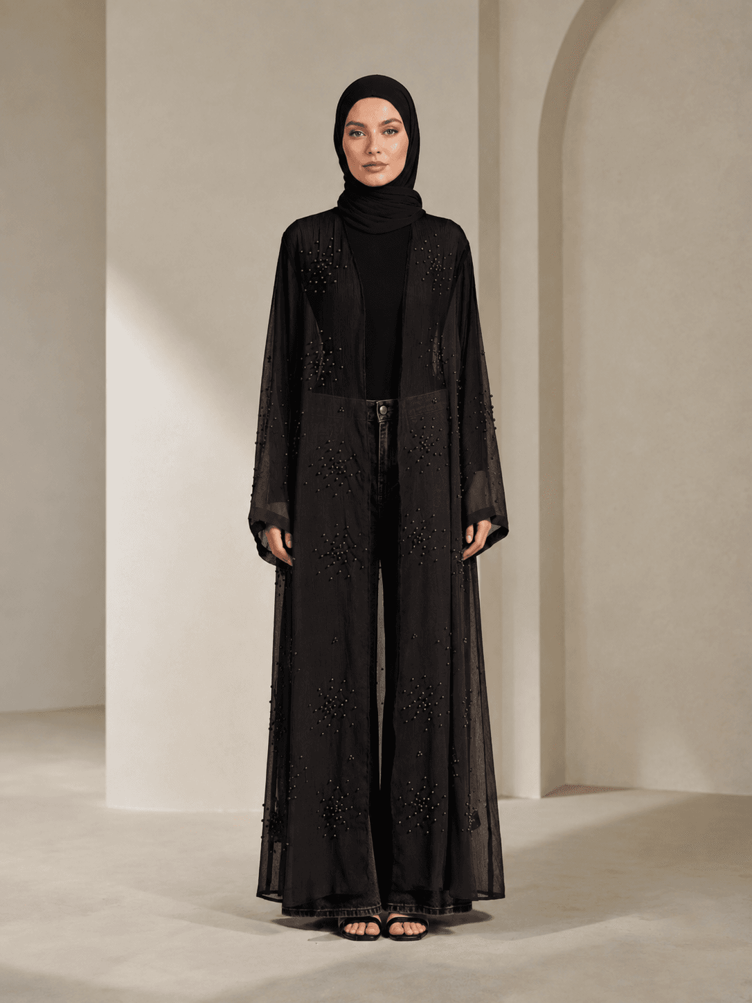 Pearl-Beaded Mesh Abaya