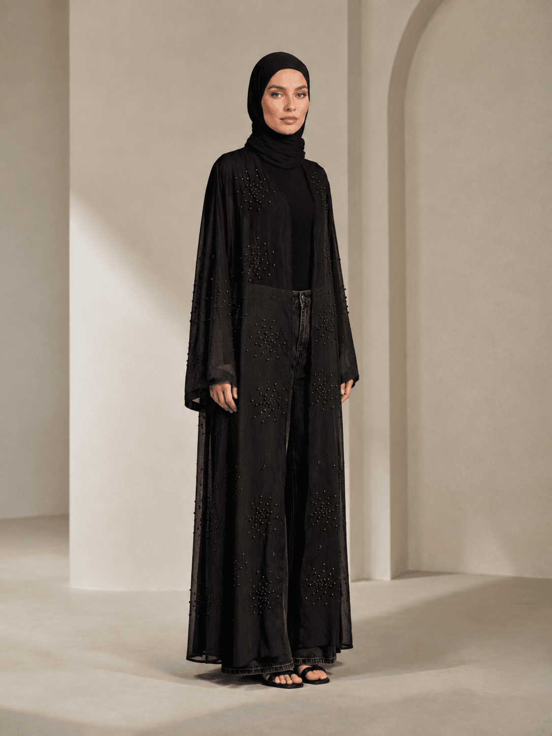 Pearl-Beaded Mesh Abaya view 2
