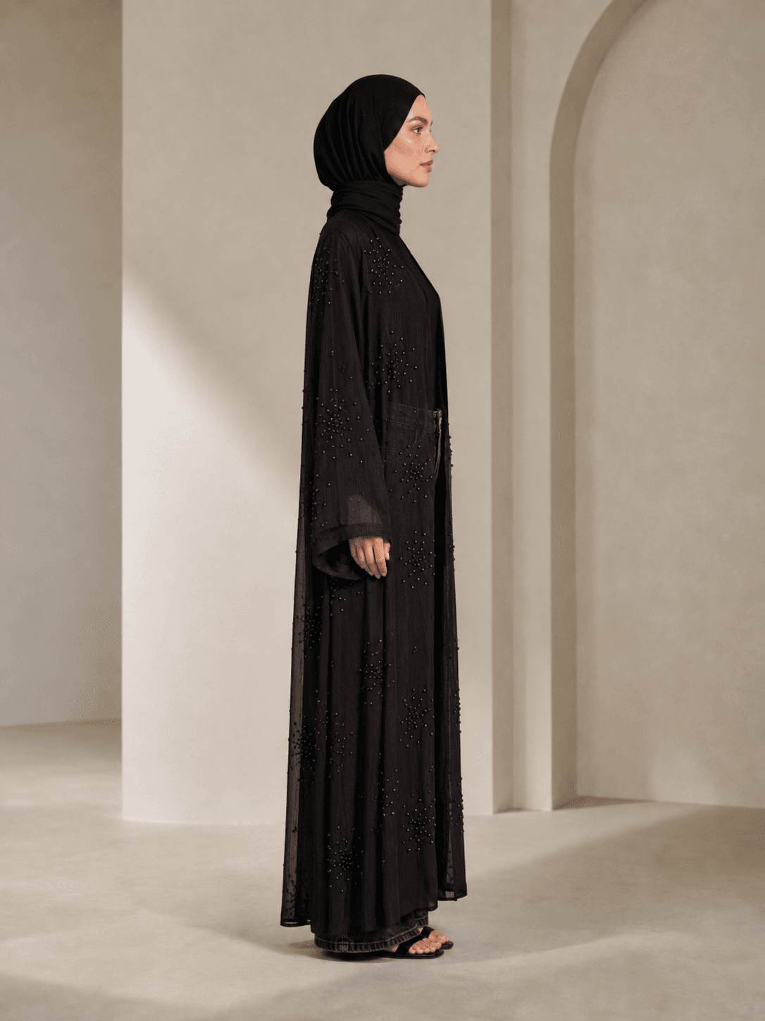 Pearl-Beaded Mesh Abaya view 3