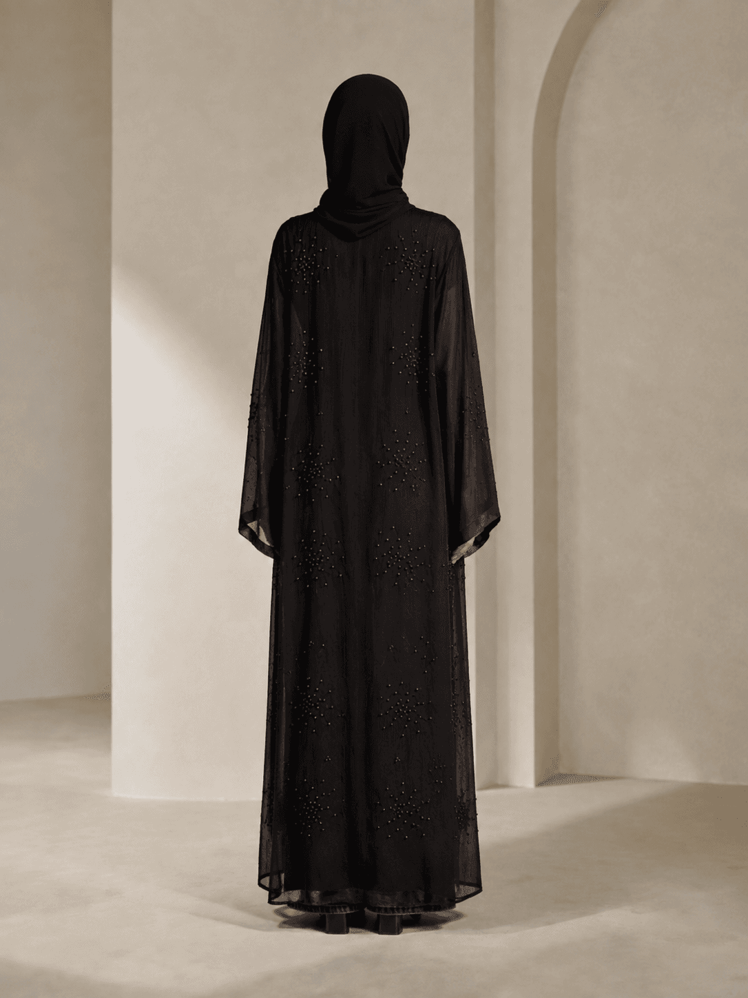 Pearl-Beaded Mesh Abaya view 4