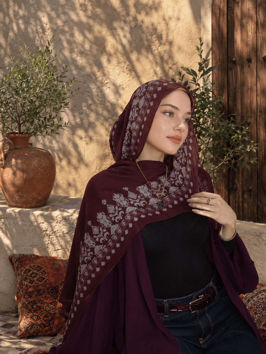 Printed Modal Hijab — Burgundy Damask