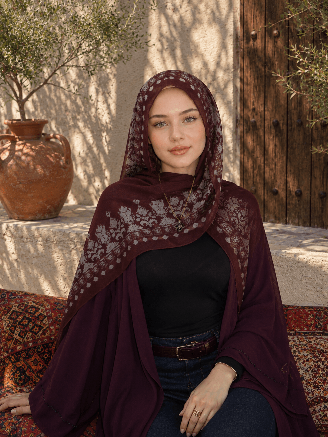 Printed Modal Hijab — Burgundy Damask alt view
