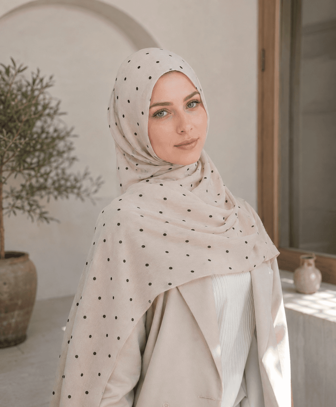 Printed Modal Hijab — Stone Polka Dot